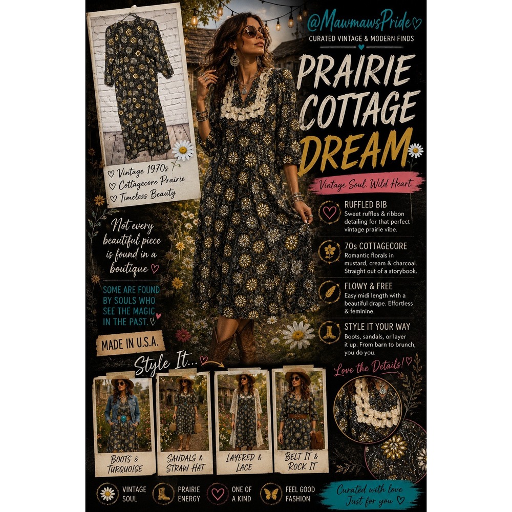 Vintage Prairie Cottagecore Floral Midi Dress Ruffle Bib 70s Boho Folk Medium